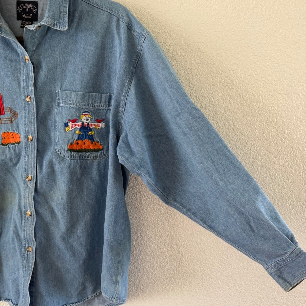 Vintage Solutions Blue Denim Shirt L Fall Pumpkin Scarecrow Halloween Grannycore - Picture 5 of 10